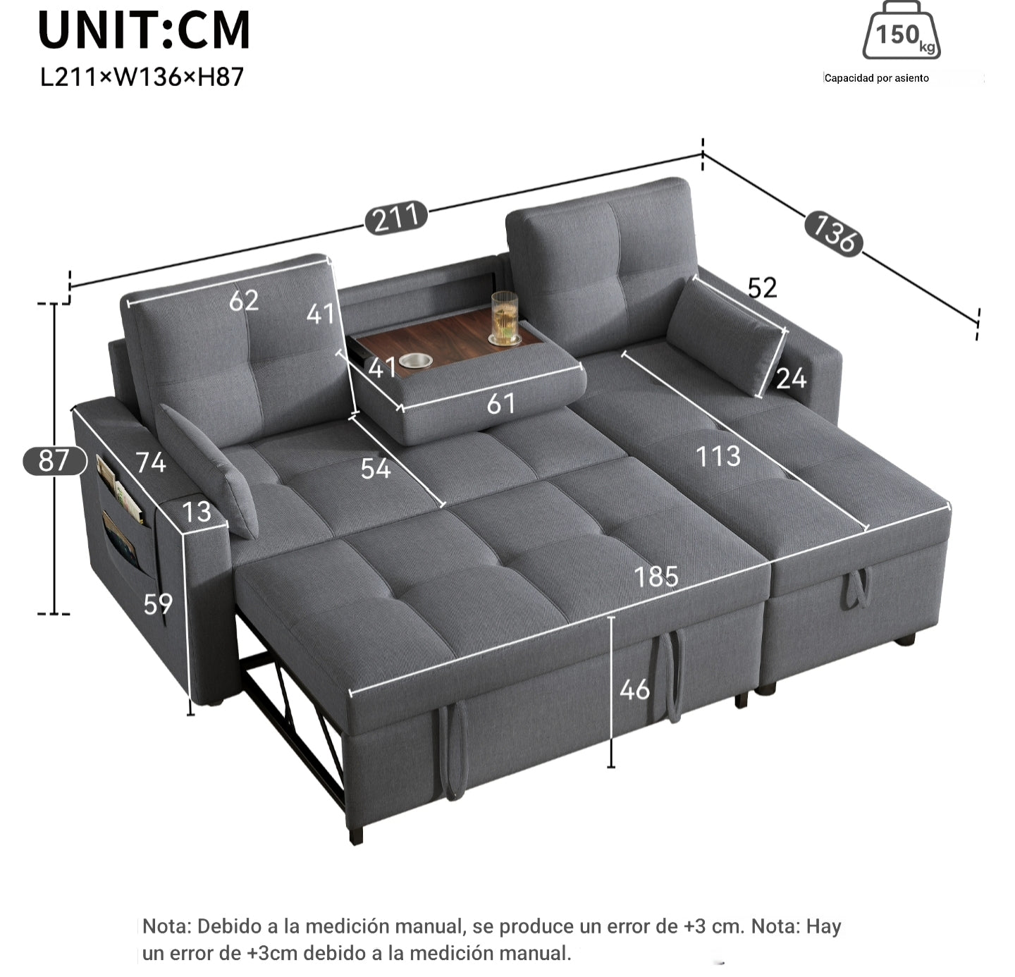 Sofá Cama Modular Multifuncional con Chaise Longue Reversible