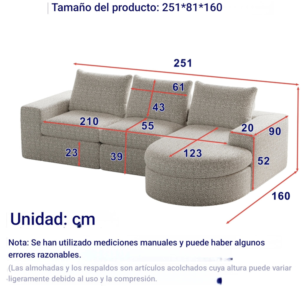 Sofá modular de diseño Nuvola Luxe. en chenilla premium y espuma de alta densidad 55D HR